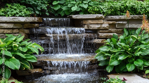 Serene Waterfall in a Lush Garden Setting