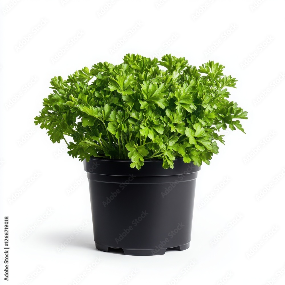 Fresh parsley plant growing in a simple black pot