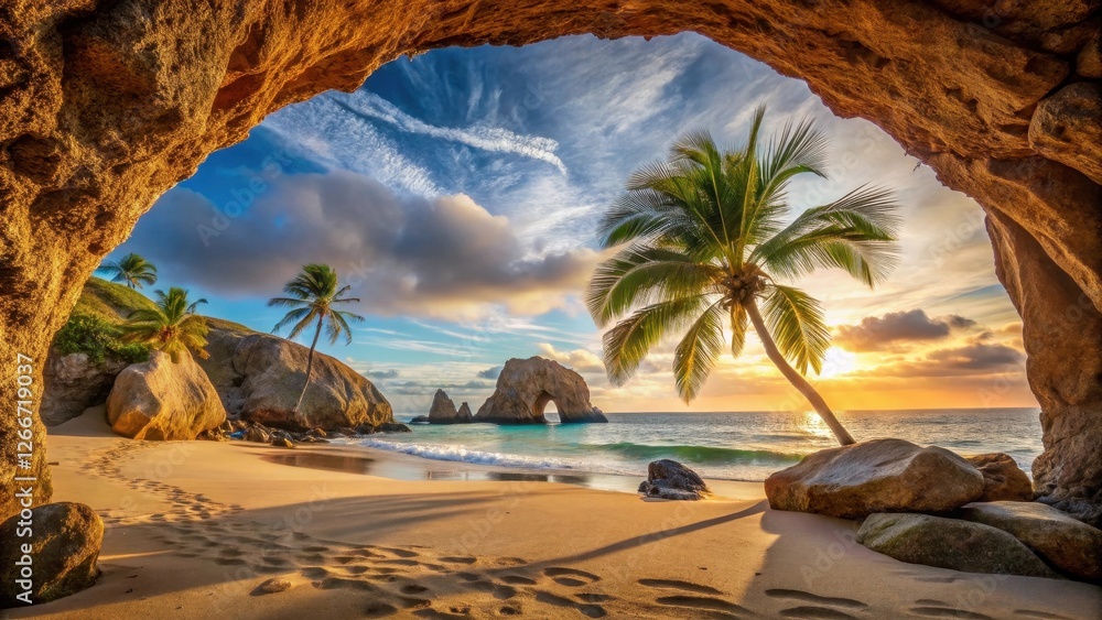 Naklejka premium Serene Sunset Vista from a Coastal Cave Opening onto a Pristine Beach with Palm Trees and Rock Formations