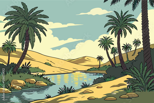  A detailed CGI rendering of a serene desert oasis, featuring a calm, reflective water body surrounded by lush palm trees. The scene is bathed in warm, golden sunlight, casting long shadows. The sky