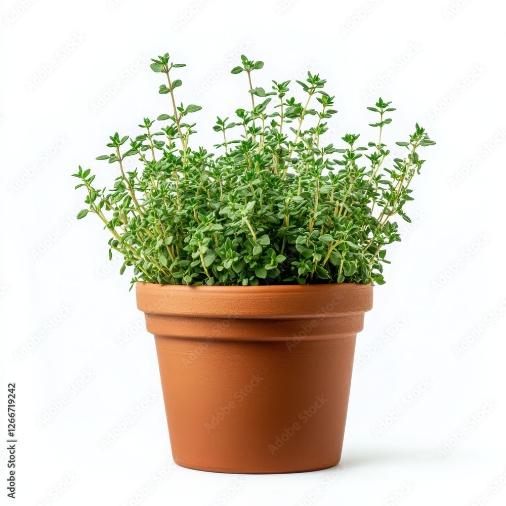 Fresh thyme plant growing in a simple terracotta pot Fresh thyme plant growing in a simple terracotta pot