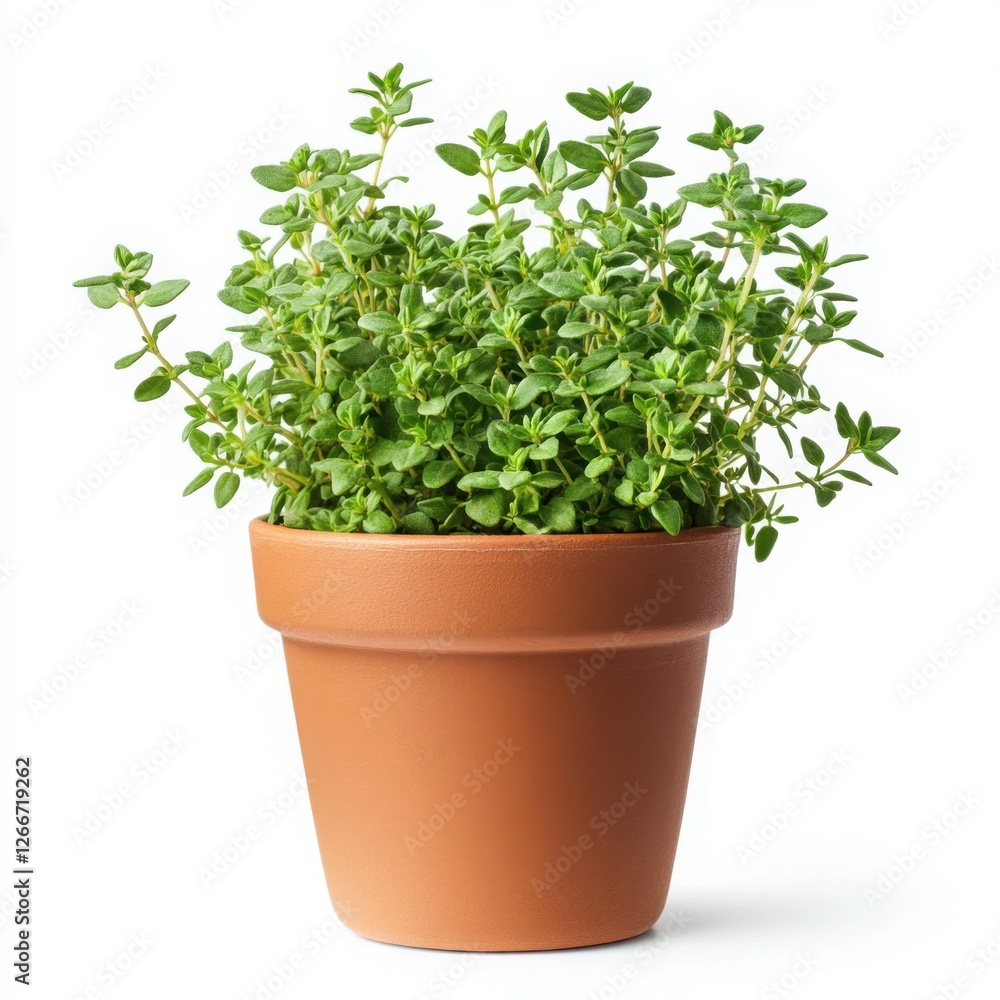Fresh thyme plant growing in a simple terracotta pot Fresh thyme plant growing in a simple terracotta pot