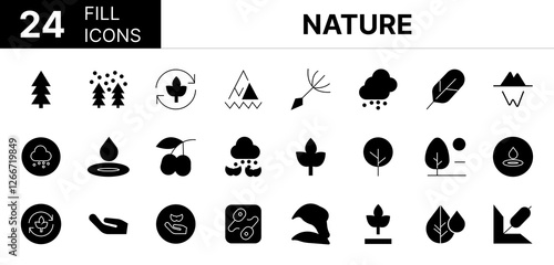 Collection of 24 Nature fill icons featuring editable strokes. These outline icons depict various modes of Nature, Collection, outline, stroke, thin, climate, 