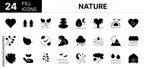 Collection of 24 Nature fill icons featuring editable strokes. These outline icons depict various modes of Nature, Collection, outline, stroke, thin, climate, 