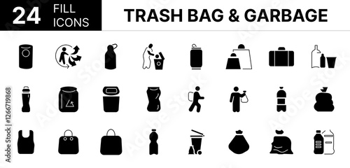 Collection of 24 Trash bag & garbage fill icons featuring editable strokes. These outline icons depict various modes of Trash bag & garbage, Rubbish, disposal, pack, vector, kitchen, food, line, 