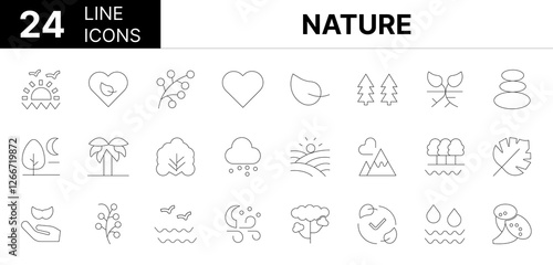 Collection of 24 Nature line icons featuring editable strokes. These outline icons depict various modes of Nature, Collection, outline, stroke, thin, climate, 