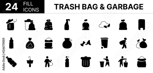 Collection of 24 Trash bag & garbage fill icons featuring editable strokes. These outline icons depict various modes of Trash bag & garbage, Rubbish, disposal, pack, vector, kitchen, food, line, 
