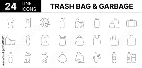 Collection of 24 Trash bag & garbage line icons featuring editable strokes. These outline icons depict various modes of Trash bag & garbage, Rubbish, disposal, pack, vector, kitchen, food, line, 