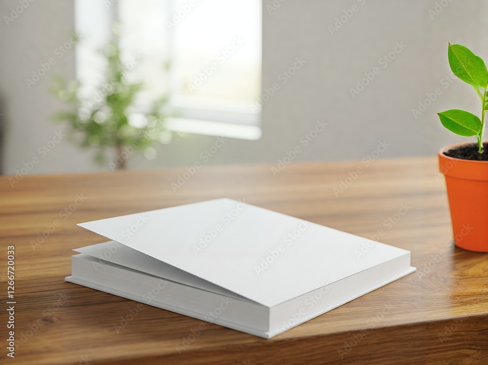 A blank book rests on a wooden table beside a small potted plant, with sunlight streaming through a window in the background. A blank book rests on a wooden table beside a small potted plant, with sunlight streaming through a window in the background.