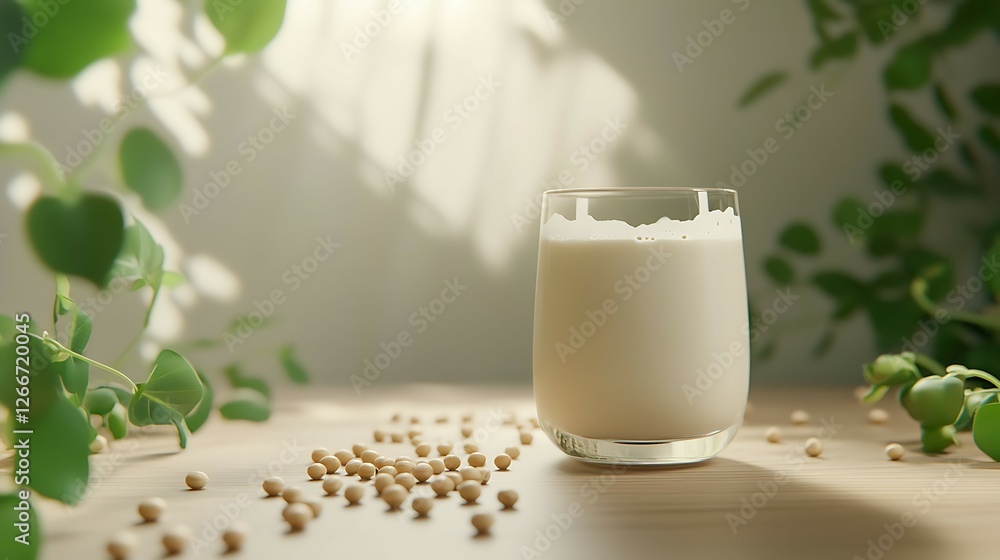 Soybean milk and soy beans on wooden table, closeup Soybean milk and soy beans on wooden table, closeup