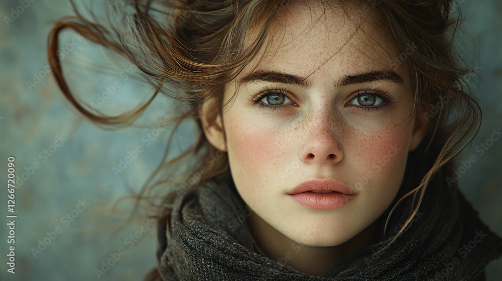 A Freckled Woman With Windblown Hair Wearing a Scarf A Freckled Woman With Windblown Hair Wearing a Scarf