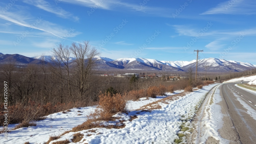 Snowy mountain landscape with clear blue sky and road with copy space Snowy mountain landscape with clear blue sky and road with copy space