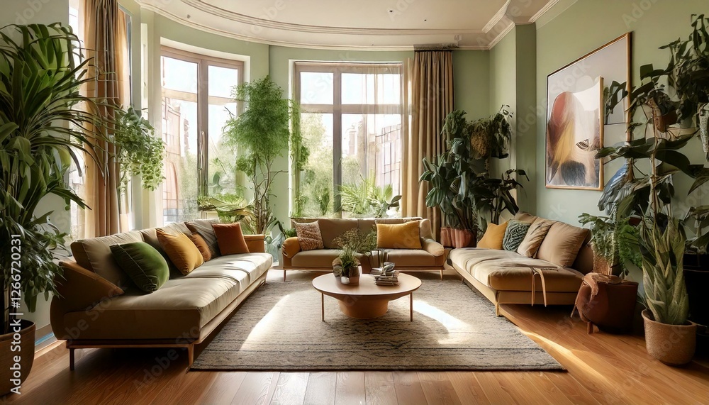 custom made wallpaper toronto digitalInterior of living room with green houseplants and sofas