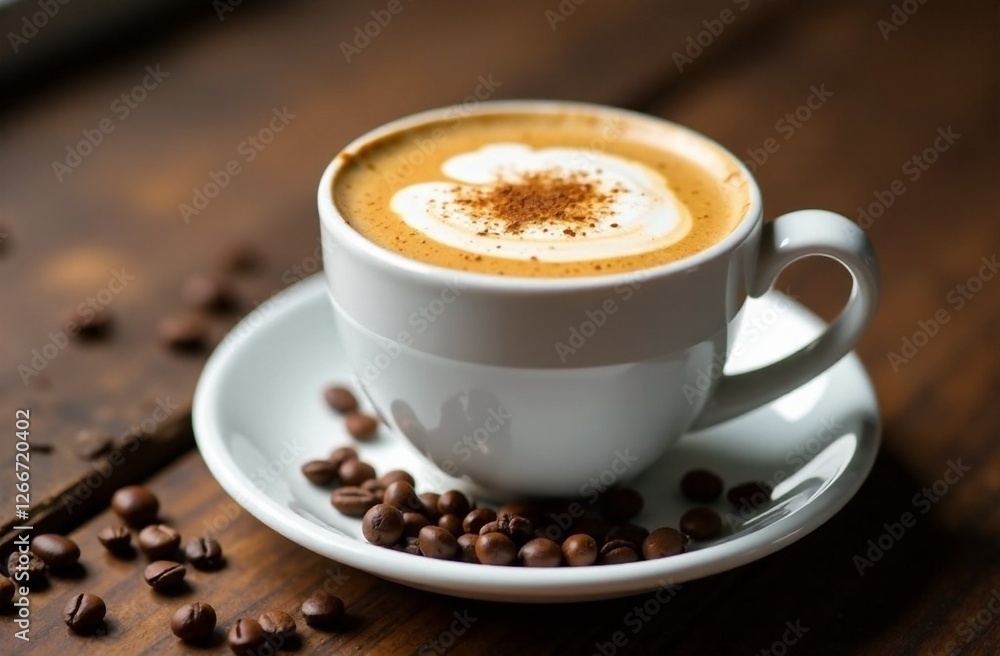 Warm coffee cup with latte art and coffee beans on a rustic wooden table Warm coffee cup with latte art and coffee beans on a rustic wooden table
