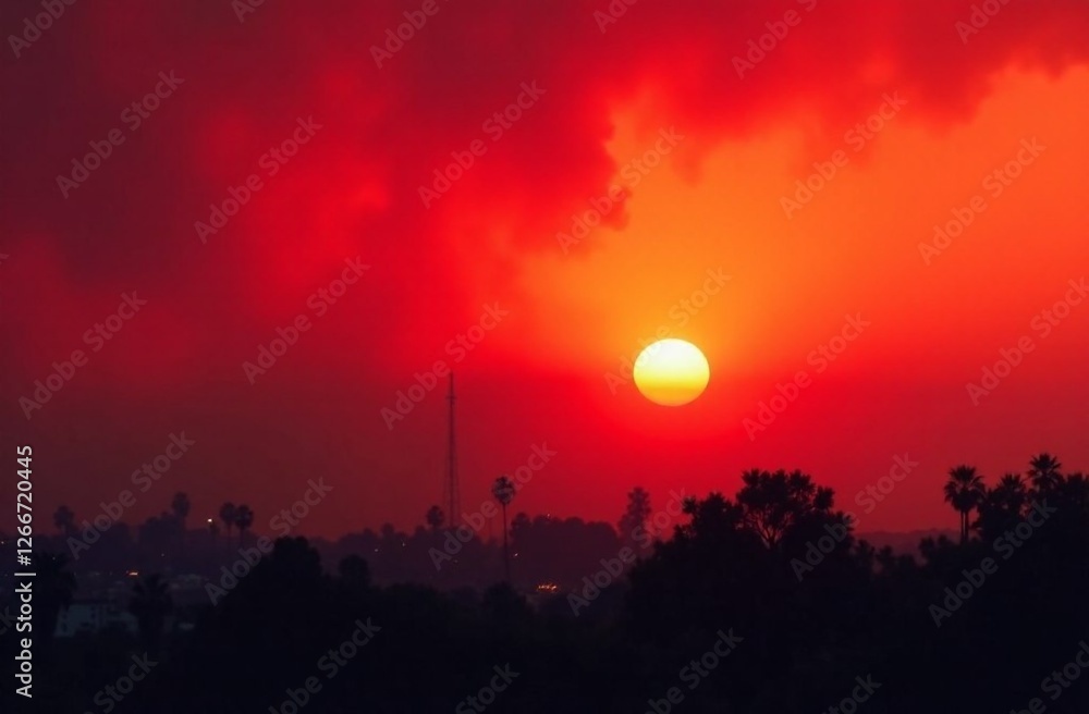 Vibrant sunset paints the sky with orange hues over a city landscape Vibrant sunset paints the sky with orange hues over a city landscape
