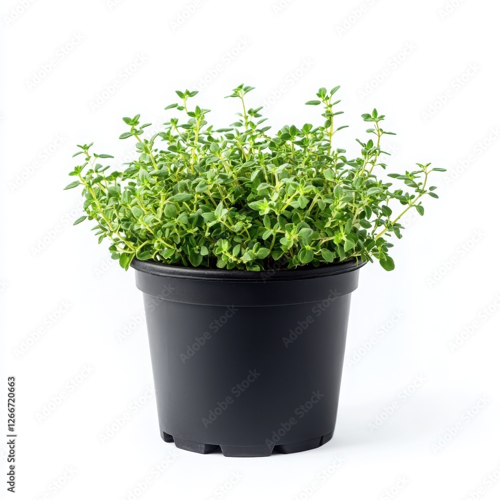 Lush green thyme in a black plastic pot, perfectly isolated on a white backdrop, crisp edges and detailed foliage, full side profile, clean and realistic studio lighting, no shadows Lush green thyme in a black plastic pot, perfectly isolated on a white backdrop, crisp edges and detailed foliage, full side profile, clean and realistic studio lighting, no shadows