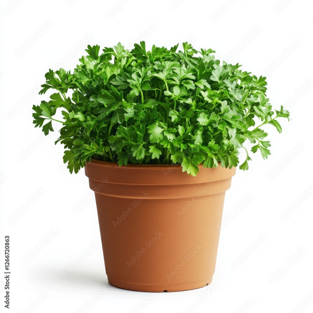 Organic parsley in a biodegradable brown pot, side view, isolated on a bright white background, well-defined contours and lifelike texture, sharp and clean commercial-style imagery, no shadows Organic parsley in a biodegradable brown pot, side view, isolated on a bright white background, well-defined contours and lifelike texture, sharp and clean commercial-style imagery, no shadows