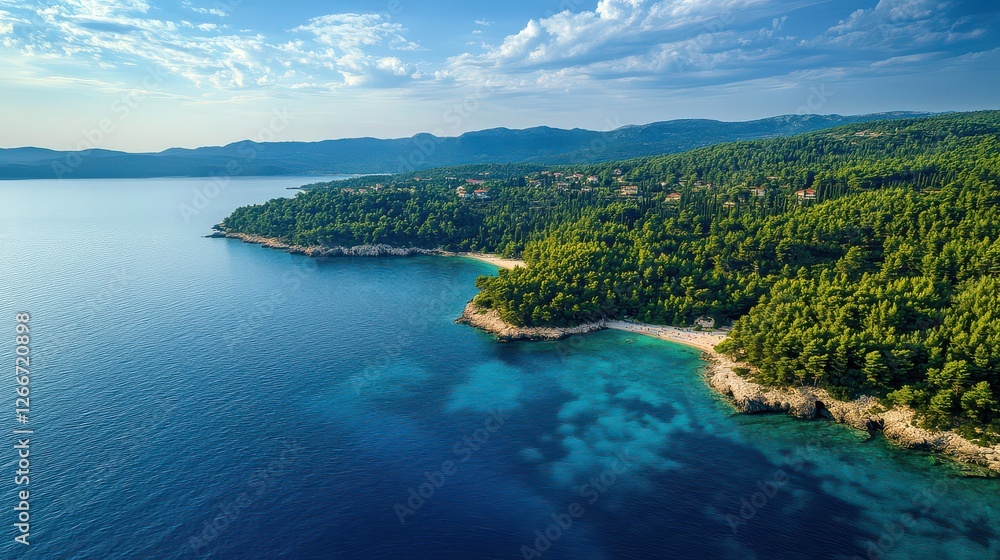 Serene Coastal Landscape with Lush Green Forest and Clear Waters
