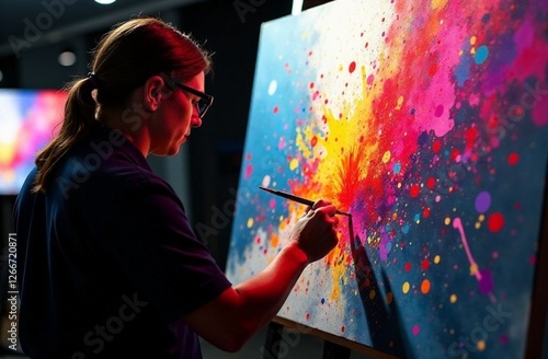 Artist creates vibrant abstract painting in studio with colorful splashes and dramatic lighting photo