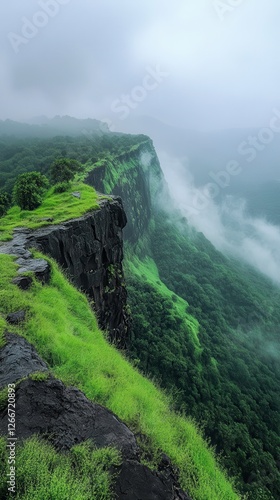 Stunning View of Valley View in the Sahyadri Mountains During the Rainy Season in Lonavala. Generative AI