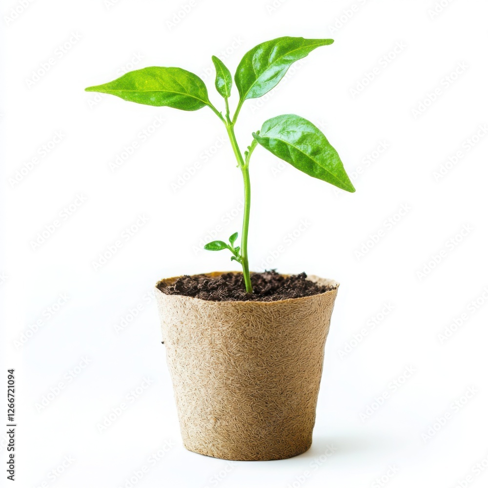Pepper seedling in a biodegradable peat pot, fully isolated on a white background, crisp edges and natural color accuracy, professional product photography with a clean and modern look, no shadows Pepper seedling in a biodegradable peat pot, fully isolated on a white background, crisp edges and natural color accuracy, professional product photography with a clean and modern look, no shadows