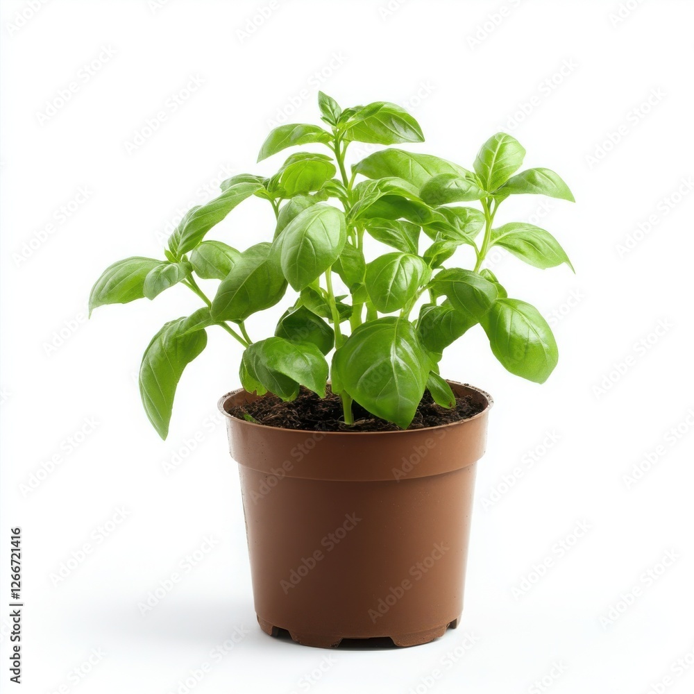 Small potted basil, side view, standing in a neutral pose, pure white background, high-definition commercial photography with precise contrast and sharp leaf details, no shadows Small potted basil, side view, standing in a neutral pose, pure white background, high-definition commercial photography with precise contrast and sharp leaf details, no shadows