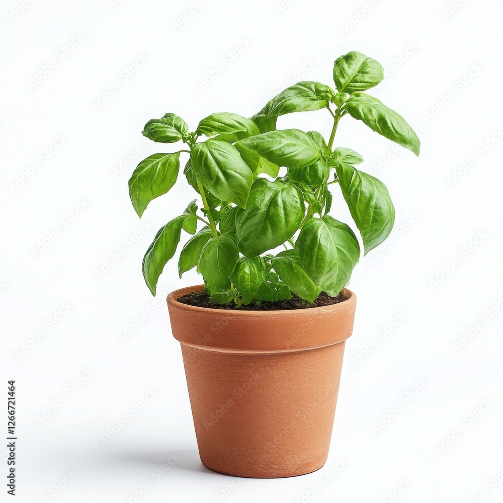 Small potted basil, side view, standing in a neutral pose, pure white background, high-definition commercial photography with precise contrast and sharp leaf details, no shadows Small potted basil, side view, standing in a neutral pose, pure white background, high-definition commercial photography with precise contrast and sharp leaf details, no shadows