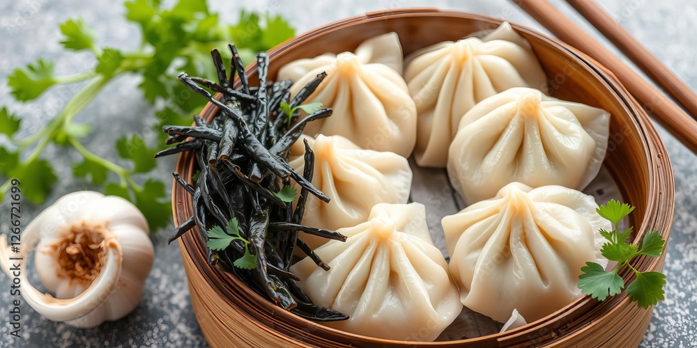 Assorted Chinese steamed dumplings, crab stick, ha gow, seaweed, coriander, noodle, gyoza and garlic for background texture, chinese, steamed, gyoza Assorted Chinese steamed dumplings, crab stick, ha gow, seaweed, coriander, noodle, gyoza and garlic for background texture, chinese, steamed, gyoza