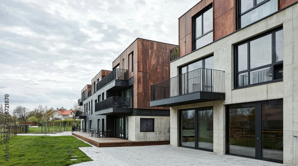 Modern Apartment Complex with Rustic Accents Modern Apartment Complex with Rustic Accents