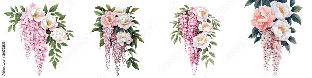 Obraz premium Exquisite floral arrangement featuring a captivating mix of delicate blooms in soft romantic pastel shades The bouquet showcases a harmonious blend of hydrangeas peonies roses and lush greenery