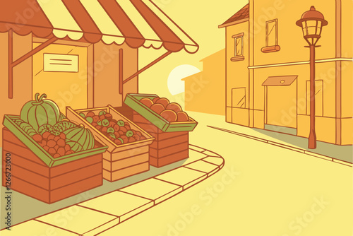  Photo of a vibrant outdoor market stall with a cobblestone path, warm, golden sunlight, and a shallow depth of field. The stall is filled with an abundance of fresh produce, including tomatoes, pep