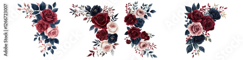 Beautiful and elegant floral bouquet arrangement featuring burgundy red roses navy blue peonies and lush greenery foliage in a romantic vintage inspired design