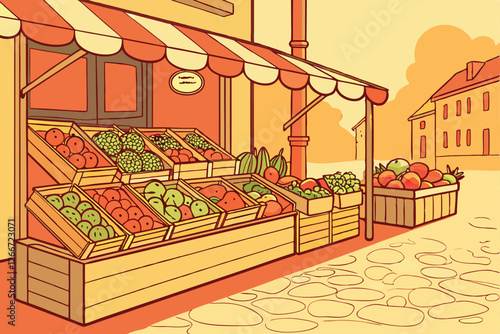 Photo of a vibrant outdoor market stall with a cobblestone path, warm, golden sunlight, and a shallow depth of field. The stall is filled with an abundance of fresh produce, including tomatoes, pep