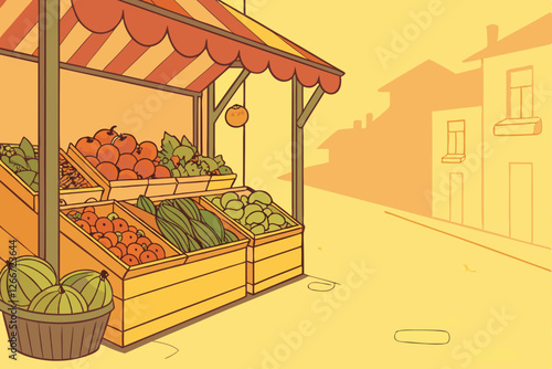  Photo of a vibrant outdoor market stall with a cobblestone path, warm, golden sunlight, and a shallow depth of field. The stall is filled with an abundance of fresh produce, including tomatoes, pep