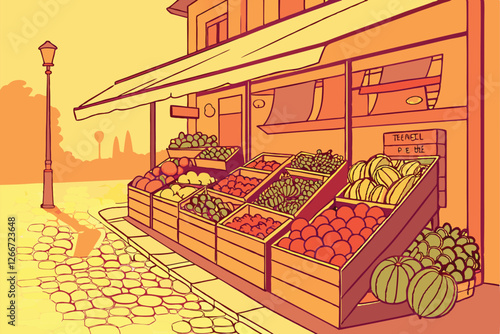  Photo of a vibrant outdoor market stall with a cobblestone path, warm, golden sunlight, and a shallow depth of field. The stall is filled with an abundance of fresh produce, including tomatoes, pep