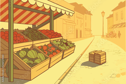  Photo of a vibrant outdoor market stall with a cobblestone path, warm, golden sunlight, and a shallow depth of field. The stall is filled with an abundance of fresh produce, including tomatoes, pep
