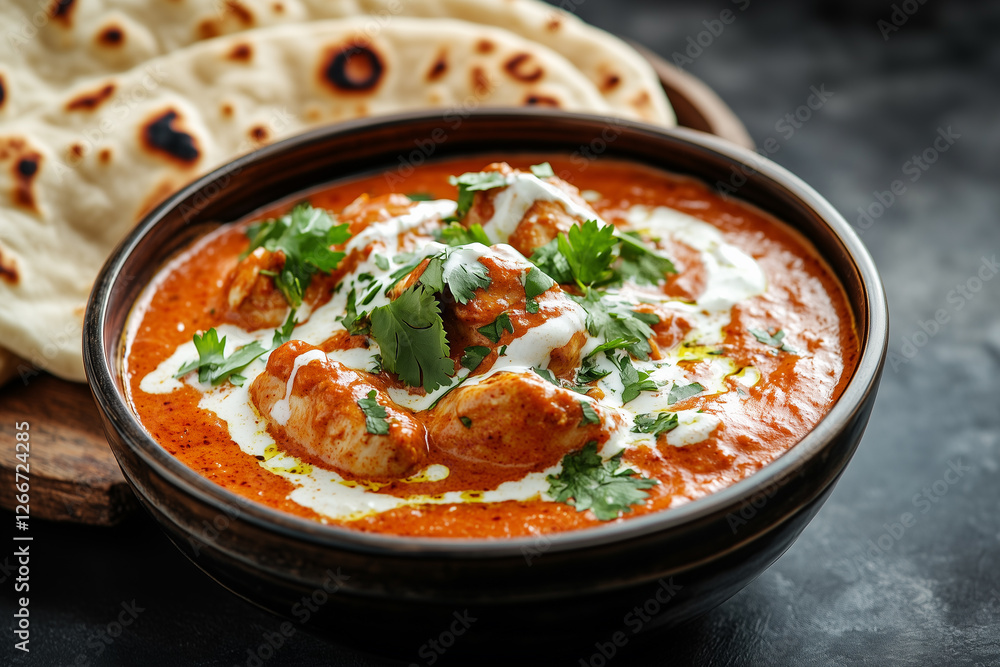 A bowl of rich, creamy butter chicken with a velvety tomato-based sauce, garnished with fresh cilantro and a drizzle of cream Indian food. A bowl of rich, creamy butter chicken with a velvety tomato-based sauce, garnished with fresh cilantro and a drizzle of cream Indian food.