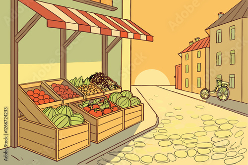  Photo of a vibrant outdoor market stall with a cobblestone path, warm, golden sunlight, and a shallow depth of field. The stall is filled with an abundance of fresh produce, including tomatoes, pep