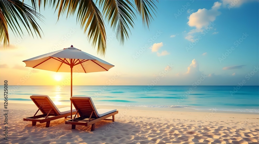 Obraz premium Tropical Beach Paradise: Sun, Sand, Ocean, Palm Trees, Lounge Chairs & Umbrella - Relaxing Vacation Getaway Image