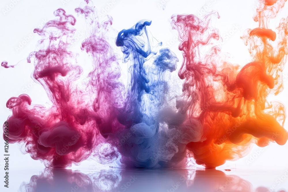 Obraz premium Abstract vibrant colorful ink splash art on a white background, showcasing swirling patterns and gradients of pink, blue, and orange colors, with a smooth reflection on the surface below