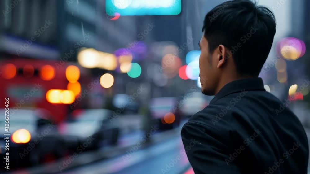 A stylish man walking through a vibrant city at night, surrounded by colorful lights and urban atmosphere. 4k Video footage. A stylish man walking through a vibrant city at night, surrounded by colorful lights and urban atmosphere. 4k Video footage.