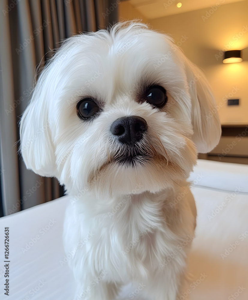 A cute, small white dog with big black eyes looking curiously at the camera, set against a soft interior background A cute, small white dog with big black eyes looking curiously at the camera, set against a soft interior background