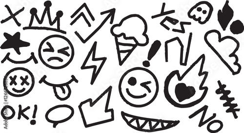 Hand drawn set, Emoji, Ice cream, Graffiti, Ghost, Cloud, Arrow, Lighting, Elements, Grunge