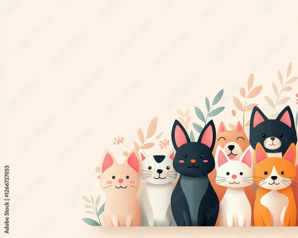 Fototapeta premium Cute Cartoon Cats and Kittens with Floral Elements Background