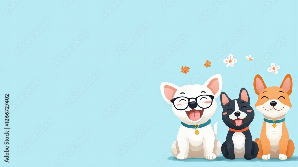 Fototapeta premium Adorable Cartoon Dogs with Happy Expressions on Light Blue Background