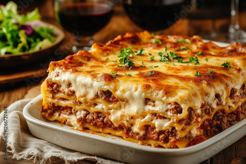 Wallpaper Mural a golden, cheesy lasagna fresh from the oven, with a bubbling crispy top layer. A portion is cut out, revealing the rich layers of meat sauce, pasta, and béchamel. Italian food.  Torontodigital.ca