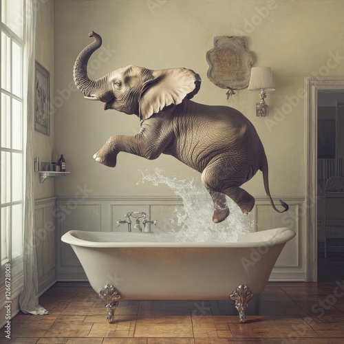 Elephant Leaping into Claw Foot Bathtub in Vintage Bathroom
