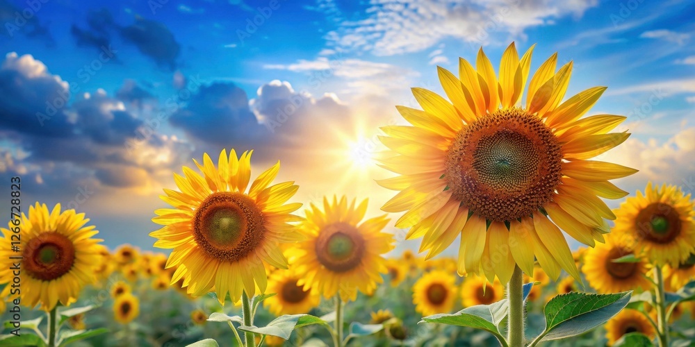 Obraz premium Golden Sunflowers Bask in Sunset's Embrace, a Field of Vibrant Yellow Petals Against a Dramatic Sky