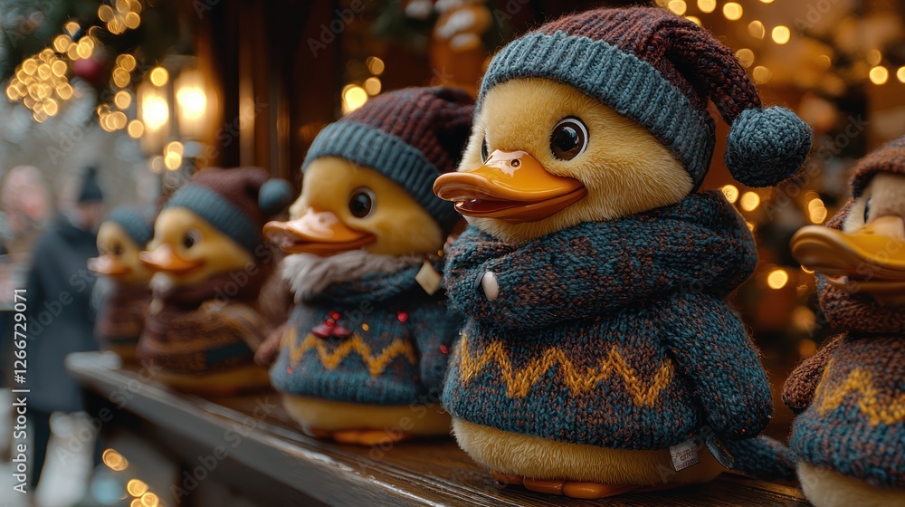Obraz premium Adorable Christmas Ducklings in Cozy Knitwear at a Festive Market