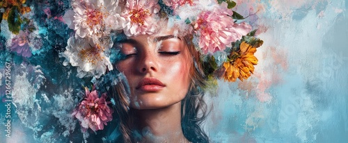 Abstract contemporary art wide panoramic collage portrait of young woman with flowers © Anak